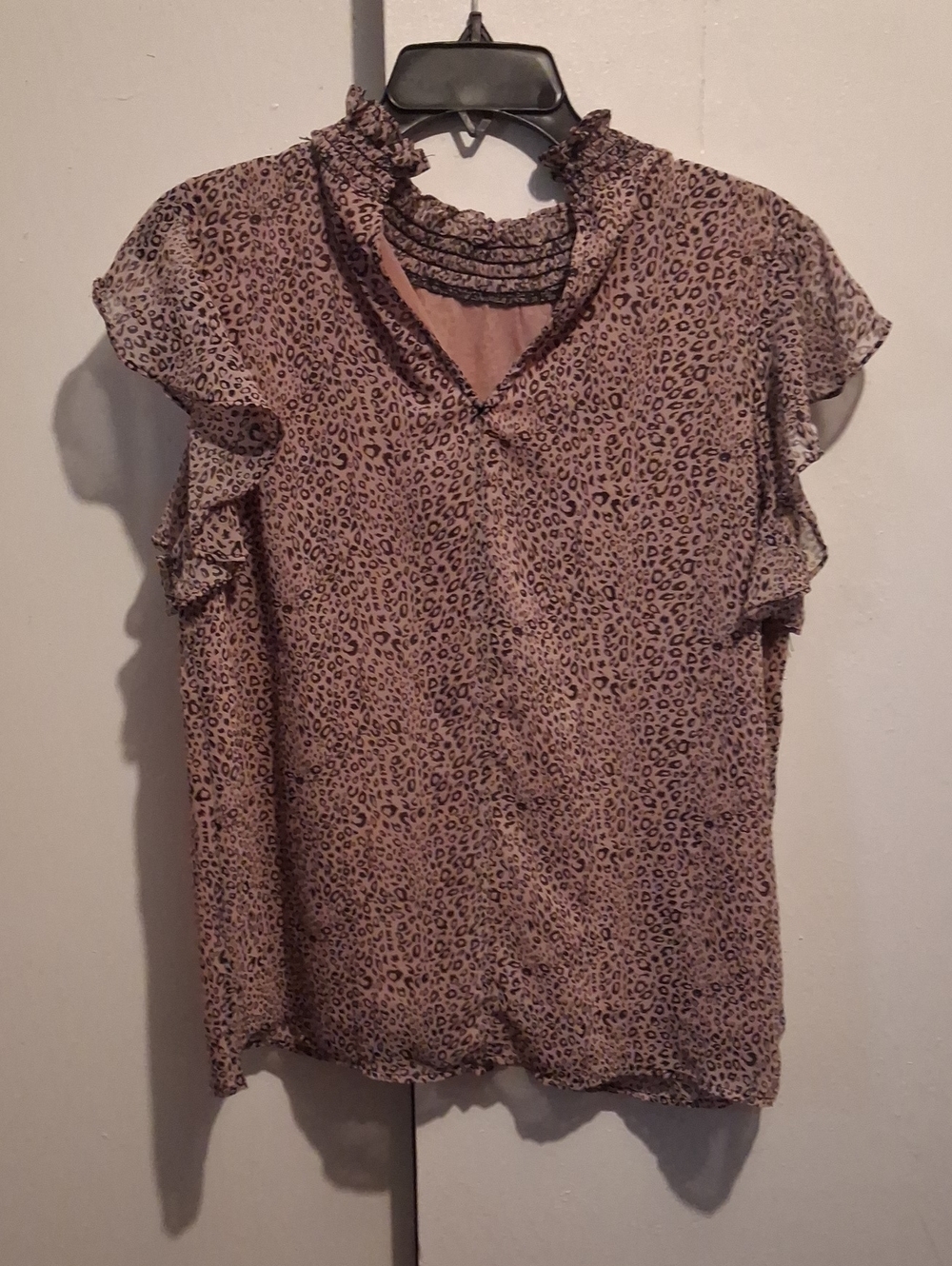 Womens Pink Leopard Print Ruffle Neck Blouse